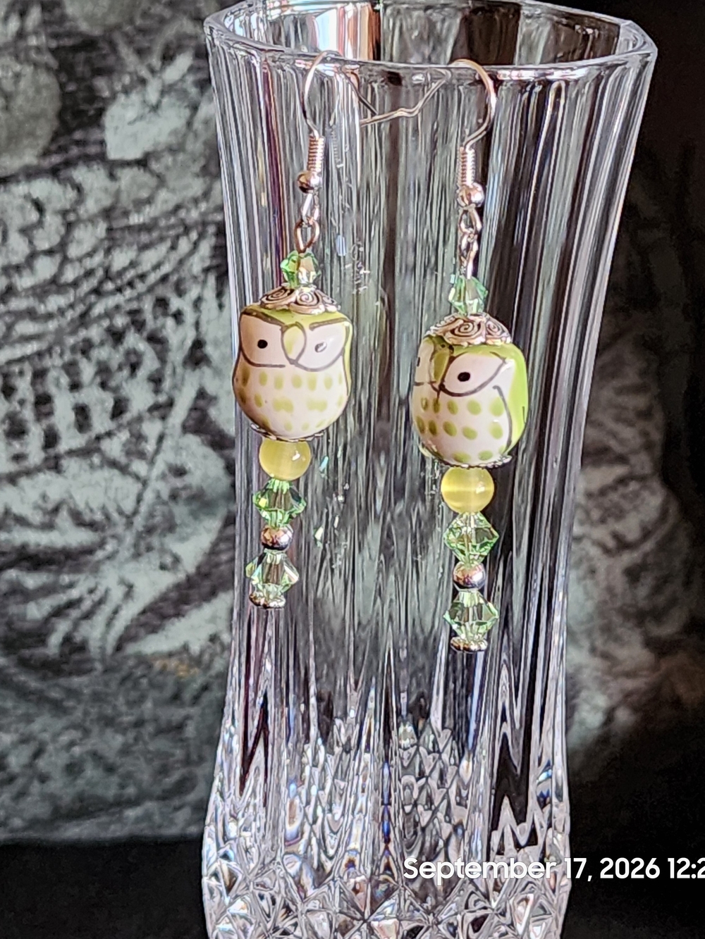 Handmade Green Ceramic Nosey Owl Swarovski Drop Earrings (MEFY)